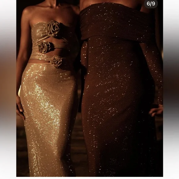 Meshki-  Stassie embellished Nude Strapless Flower Rose Diamante Maxi Dress - Picture 8 of 17